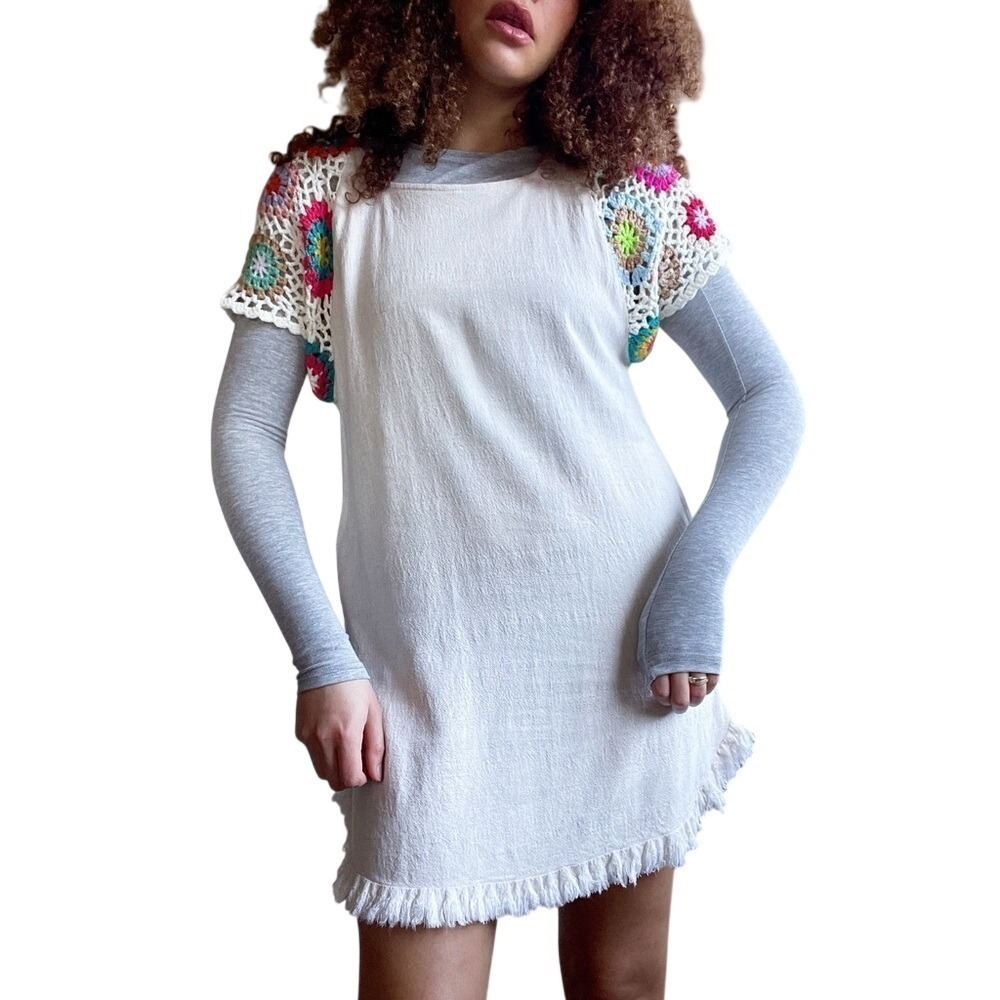 Cottagecore Boho Earthy Whimsy Granny Square Sleeve Linen Mini Dress